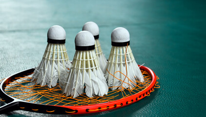 Unused or used badminton shuttlecocks and broken string racket on the floor of indoor badminton court, concept for badminton lovers around the world.