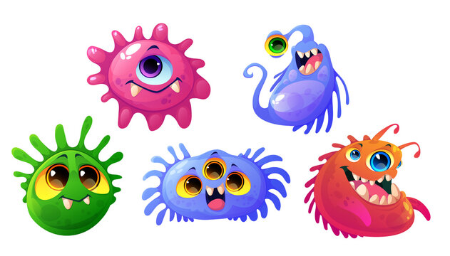 Germs, viruses and bacteria cartoon characters with cute funny faces. Smiling pathogen microbes or monsters with big eyes, colorful cells with teeth and tongues isolated vector illustration, icons set