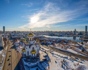 Panorama of winter Yekaterinburg and Temple on Blood in sunny day. Aerial view of Yekaterinburg, Russia