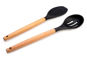 kitchenware black kitchen ladle , Soup ladles, Black silicone plastic spade of frying pan isolated on white.