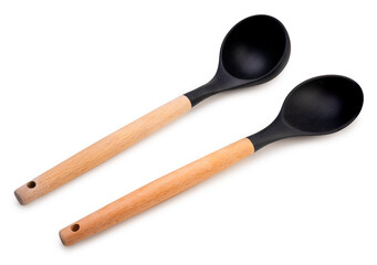 kitchenware black kitchen ladle , Soup ladles, Black silicone plastic spade of frying pan isolated...