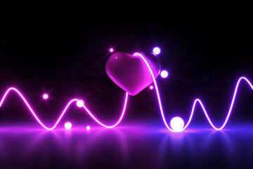 3D rendering Glowing Neon Lights with heart on dark background.
