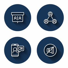 Set line Video chat conference, Meeting, and Mute microphone with long shadow. Blue circle button. Vector