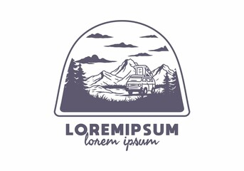 Night mountain camper van illustration drawing