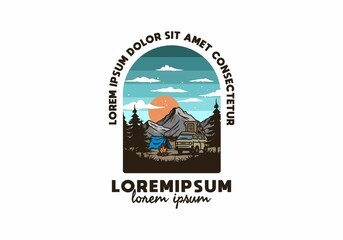 Night mountain camper van illustration drawing