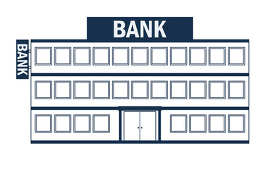 シンプルな1色白黒の線画のお店のイラスト　規模の大きな銀行BANKの建物のイラスト