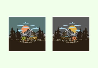 Night mountain camper van illustration drawing