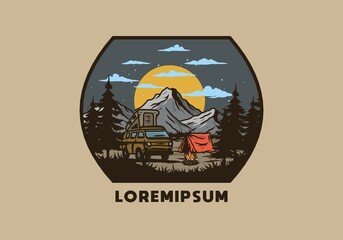 Night mountain camper van illustration drawing