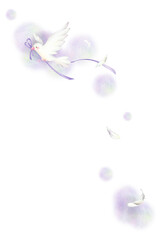 紫のリボンをくわえた白い鳥　はがきテンプレート　手描き色鉛筆画