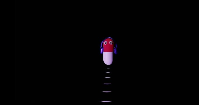 Zoming red and white pills with headphones on broken old CRT overlay- Broken screen and glitch effect. It disintegrates into particles on a dark background