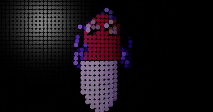 color animation character red and white pills with headphones on broken old CRT overlay- Broken screen and glitch effect. It disintegrates into particles on a dark background
