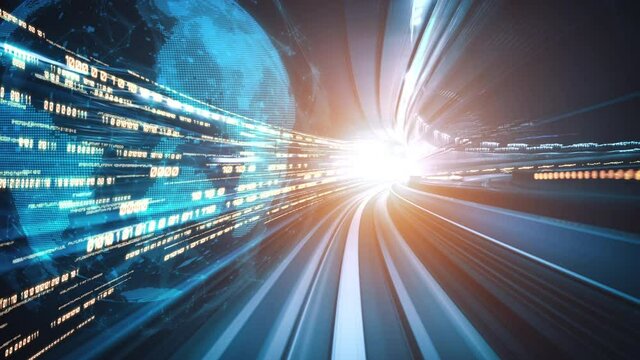 Digital data flow on road in concept of cyber global communication and coding with graphic creating vision of fast speed transfer to show agile digital transformation , disruptive innovation .