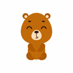 Cute little sitting bear on white background. Cartoon animal character for kids cards, baby shower, invitation, poster, t-shirt composition, house interior. Vector stock illustration.