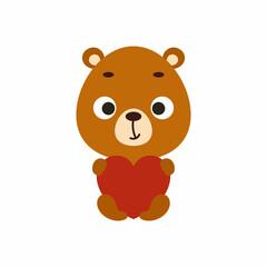 Cute little sitting bear keep hart on white background. Cartoon animal character for kids cards, baby shower, invitation, poster, t-shirt composition, house interior. Vector stock illustration.