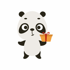 Cute Christmas panda with gift on white background. Cartoon animal character for kids cards, baby shower, invitation, poster, t-shirt composition, house interior. Vector stock illustration. © Jexy