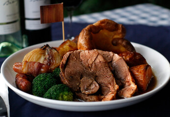 Sunday roast dinner lamb pork should with cracking meet
