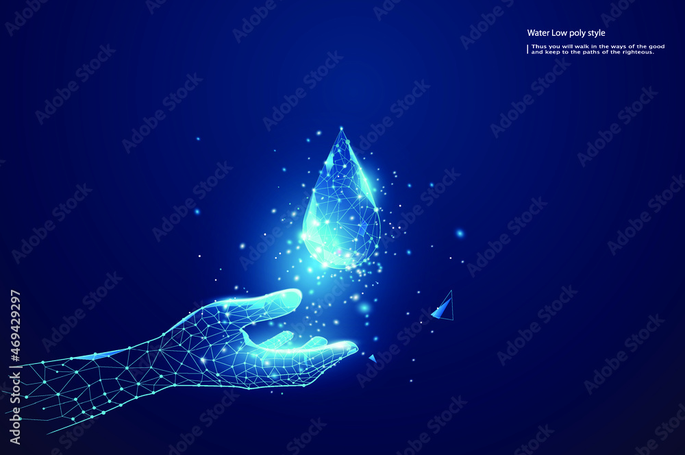 Poster abstract hand holding drop of water. digital low poly wire mesh style design. vector eps10.
