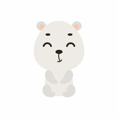 Cute little sitting polar bear on white background. Cartoon animal character for kids cards, baby shower, invitation, poster, t-shirt composition, house interior. Vector stock illustration.