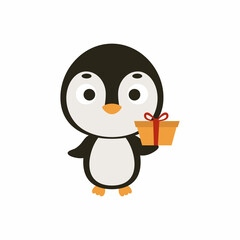 Cute Christmas penguin with gift on white background. Cartoon animal character for kids cards, baby shower, invitation, poster, t-shirt composition, house interior. Vector stock illustration