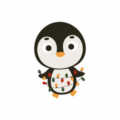 Cute Christmas penguin with garland on white background. Cartoon animal character for kids cards, baby shower, invitation, poster, t-shirt composition, house interior. Vector stock illustration.