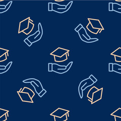 Line Education grant icon isolated seamless pattern on blue background. Tuition fee, financial education, budget fund, scholarship program, graduation hat. Vector