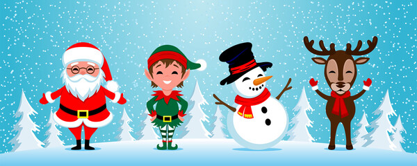 Characters for the celebration of Christmas and New Year on a winter background.