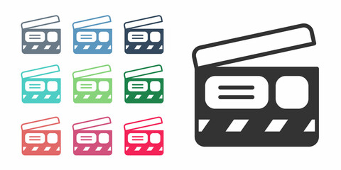 Black Movie clapper icon isolated on white background. Film clapper board. Clapperboard sign. Cinema production or media industry. Set icons colorful. Vector