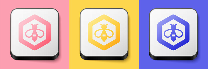Isometric Bee and honeycomb icon isolated on pink, yellow and blue background. Honey cells. Honeybee or apis with wings symbol. Flying insect. Sweet natural food. Square button. Vector