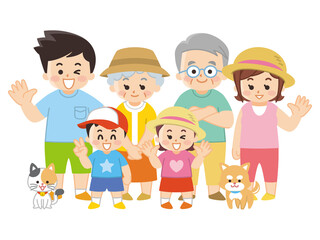 夏服を着た家族とペット　夏