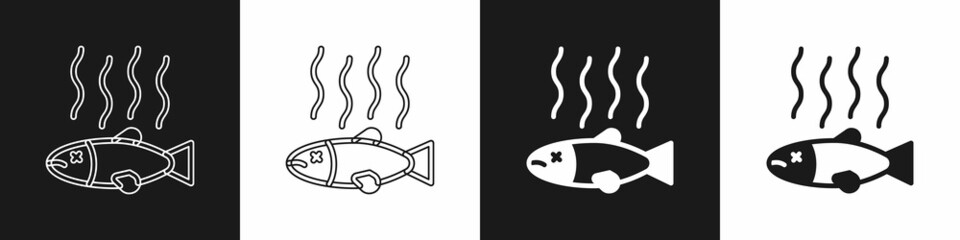 Set Dead fish icon isolated on black and white background. Rotten fish. Vector