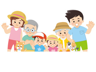 夏服を着た家族とペット　夏