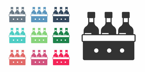 Black Bottles of wine in a wooden box icon isolated on white background. Wine bottles in a wooden crate icon. Set icons colorful. Vector