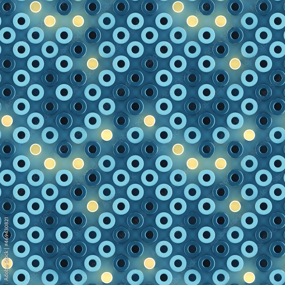 Poster seamless pattern of blue and illuminating circles 3d render