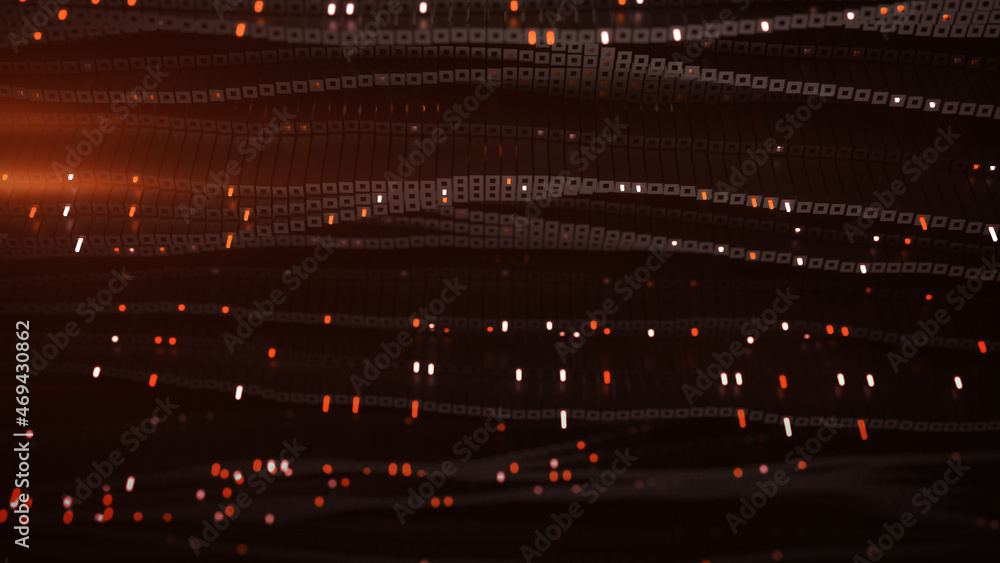 Poster waving matrix of red glowing cubes 3d render