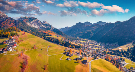 Wonderful view from flying drone of San Vigilio di Marebbe village, Province of Bolzano - South...