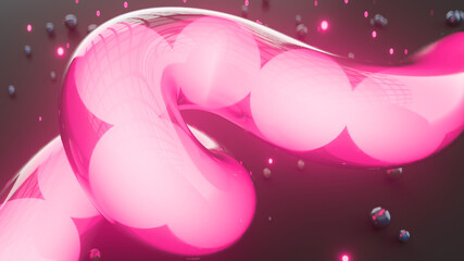 Neon pink spheres floating in glass tube 3D rendering illustration