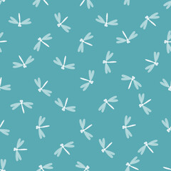 Seamless pattern with dragonfly on color background. Romantic vector illustration. Adorable cartoon character. Template design for invitation, cards, textile, fabric. Doodle style.