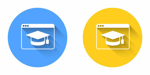 White Online education and graduation icon isolated with long shadow background. Online teacher on monitor. Webinar and video seminar learning. Circle button. Vector