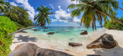 Panoramic view of beautiful tropical beach with palms and sea.