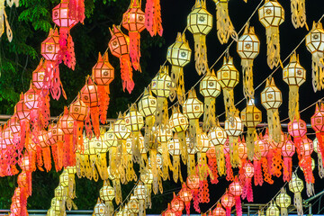 The light of the Beautiful Colorful Lanna lamp paper lantern background pattern are northern thai style lanterns in Phitsanulok Thailand.full moon the 12th month Be famous.