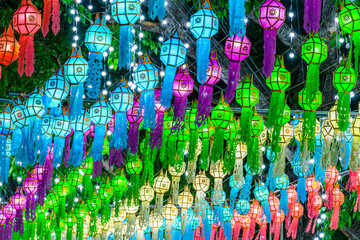 The light of the Beautiful Colorful Lanna lamp paper lantern background pattern are northern thai style lanterns in Phitsanulok Thailand.full moon the 12th month Be famous.
