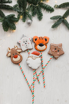 Gingerbread on sticks: star, tiger, bear, santa claus, deer. Christmas and New Year's gingerbread gifts. Festive postcard. Christmas and New Year symbols. Original gifts for children and adults.