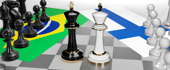 Brazil and Finland - talks, debate, dialog or a confrontation between those two countries shown as two chess kings with flags that symbolize art of meetings and negotiations, 3d illustration