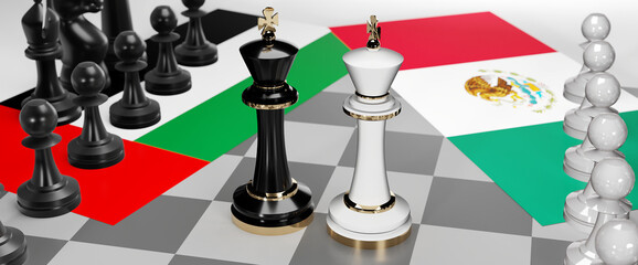 United Arab Emirates and Mexico - talks, debate or dialog between those two countries shown as two chess kings with national flags that symbolize subtle art of diplomacy, 3d illustration
