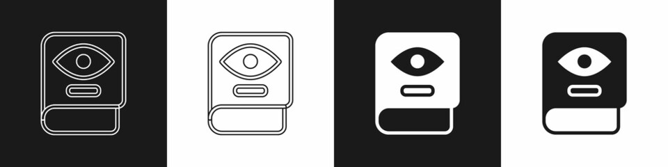 Set Ancient magic book with alchemy recipes and mystic spells and enchantments icon isolated on black and white background. Vector