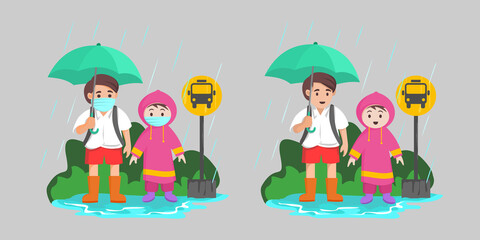 illustration of school children waiting for the bus with an umbrella in the rain