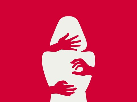 Silhouette of woman, harassment vector illustration. hands of man touching women. Violence against women, Workplace bullying concept. flat concept, text, blue, white, victim, sexual, rape