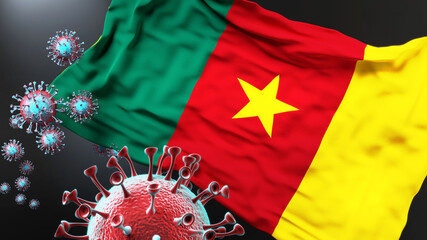Cameroon and the covid pandemic - corona virus attacking national flag of Cameroon to symbolize the fight, struggle and the virus presence in this country, 3d illustration