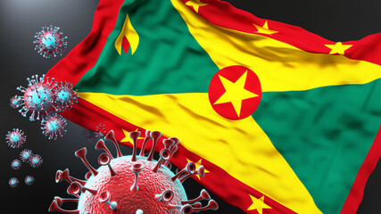Grenada and the covid pandemic - corona virus attacking national flag of Grenada to symbolize the fight, struggle and the virus presence in this country, 3d illustration