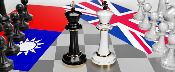Taiwan and UK England - talks, debate, dialog or a confrontation between those two countries shown as two chess kings with flags that symbolize art of meetings and negotiations, 3d illustration